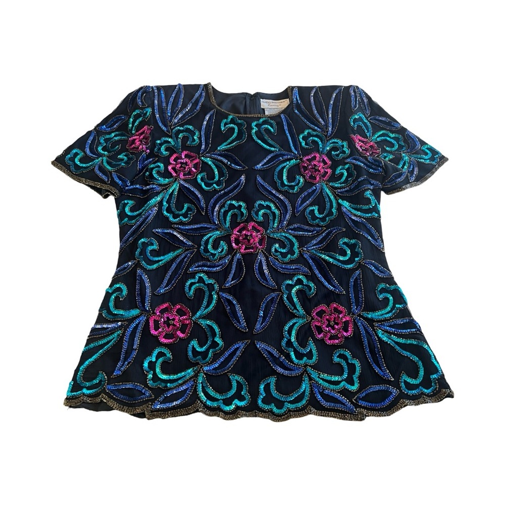 Papell Boutique Evening Silk Beaded Sequin Floral Blouse Black Teal Pink L VTG